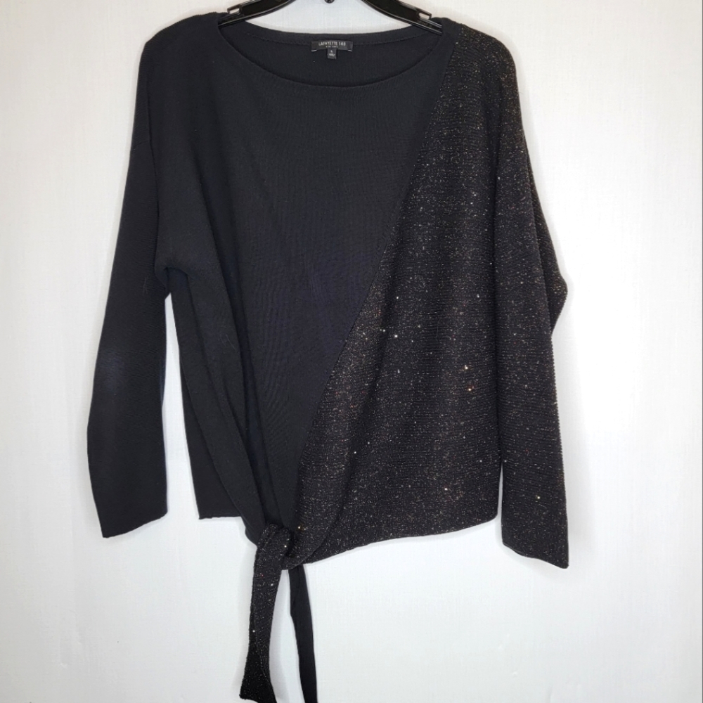 Lafayette 148 New York Black Metallic Knit Top Size L | Holiday Sparkle!
